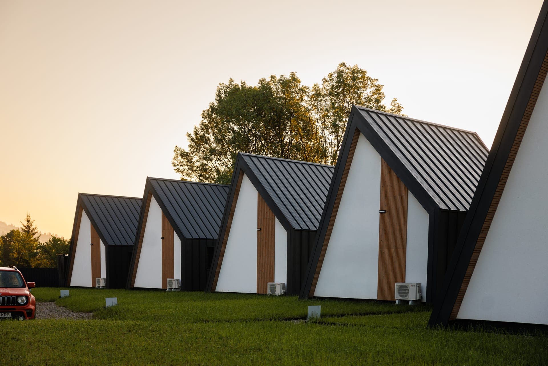 Reconnect cabins in evening light